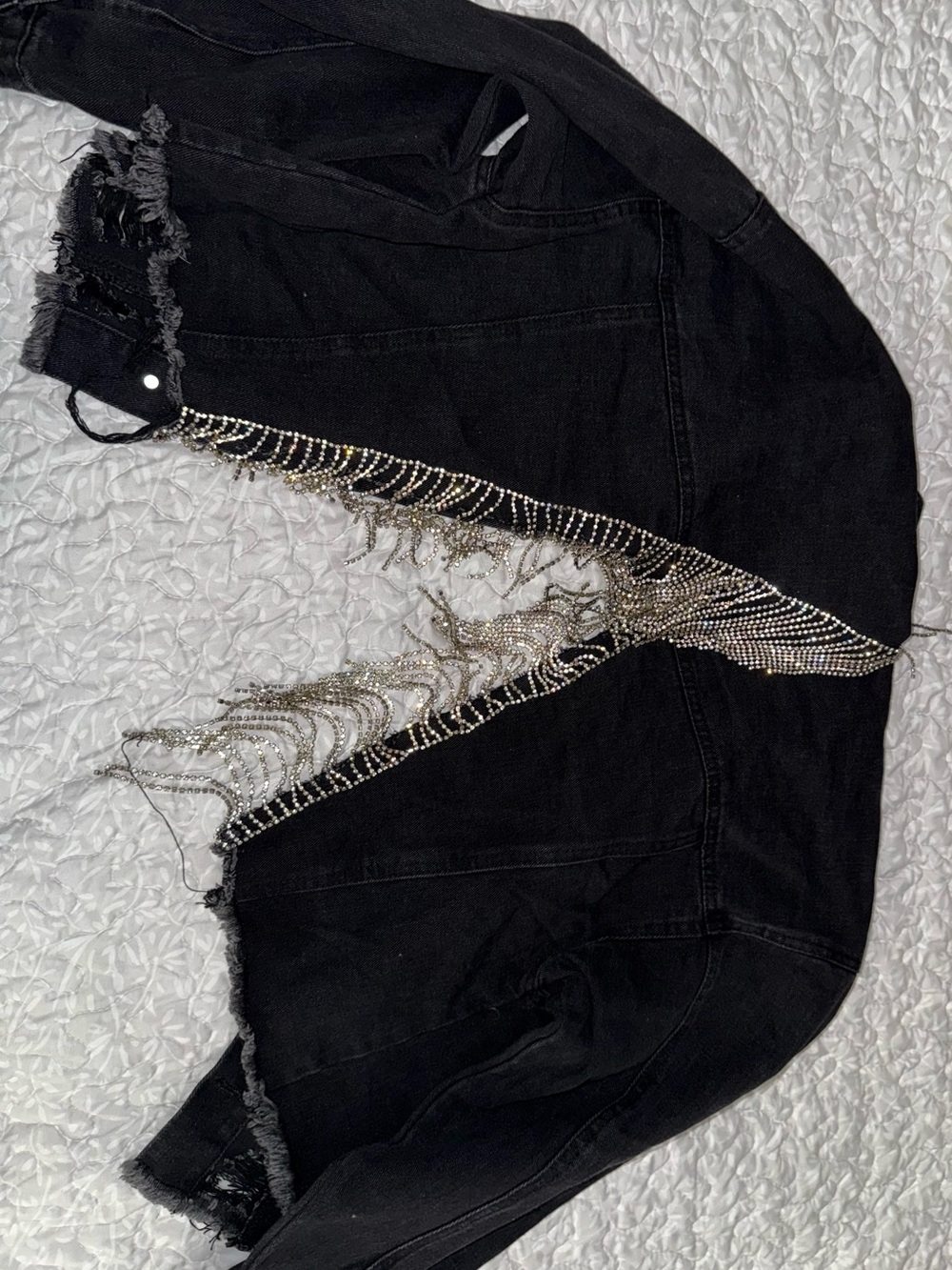 Black Women's Denim Jacket with Silver Chain Fringe Accents